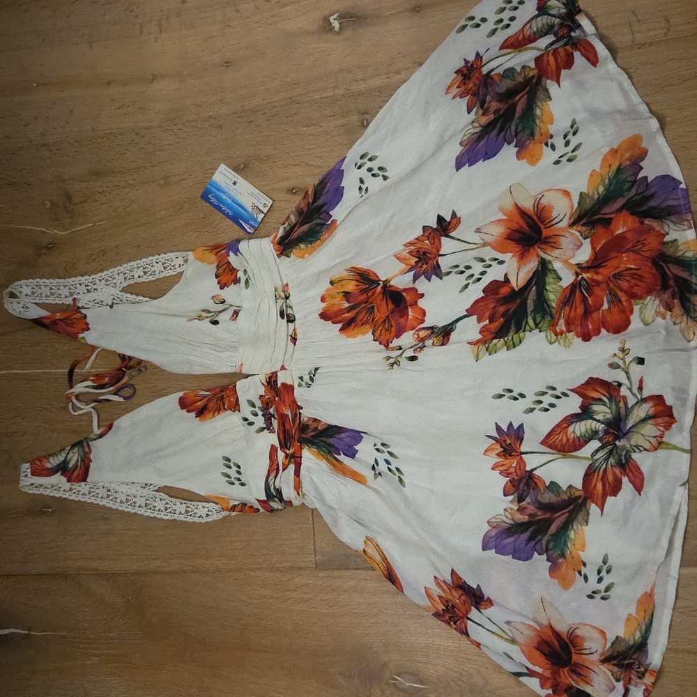 Illa Illa Plunge Open Back Cream Floral Mini Dress L
